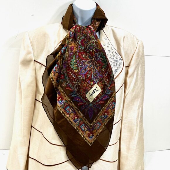 Yves Saint Laurent 100% SilkChiffon/Satin Scarf 42" Brown Red Green Floral ( 29 - Picture 3 of 15